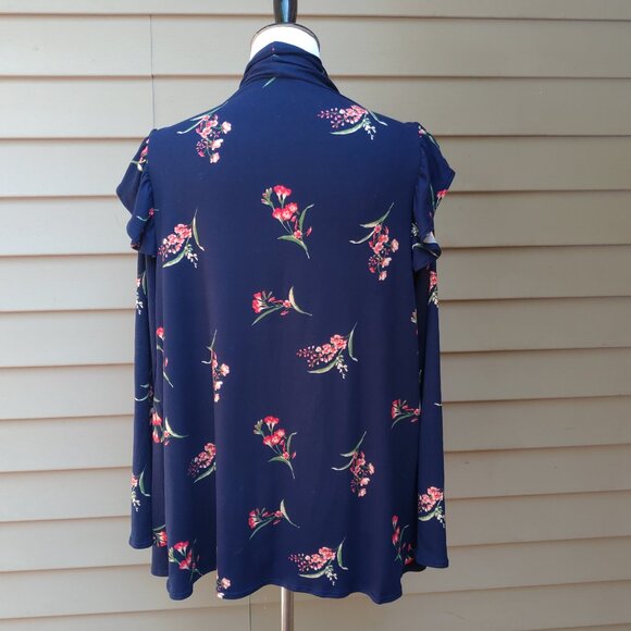 Isaac Liev Dark Blue Floral Print Cardigan Top Open-Front Long Sleeves Ruffle - Picture 8 of 11